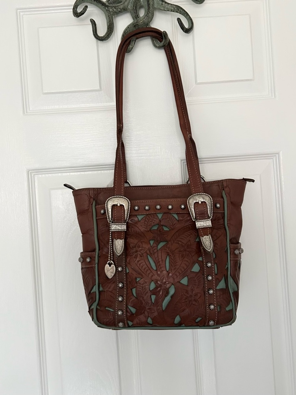 American West Desert Wildflower tooled genuine leather shoulder tote bag